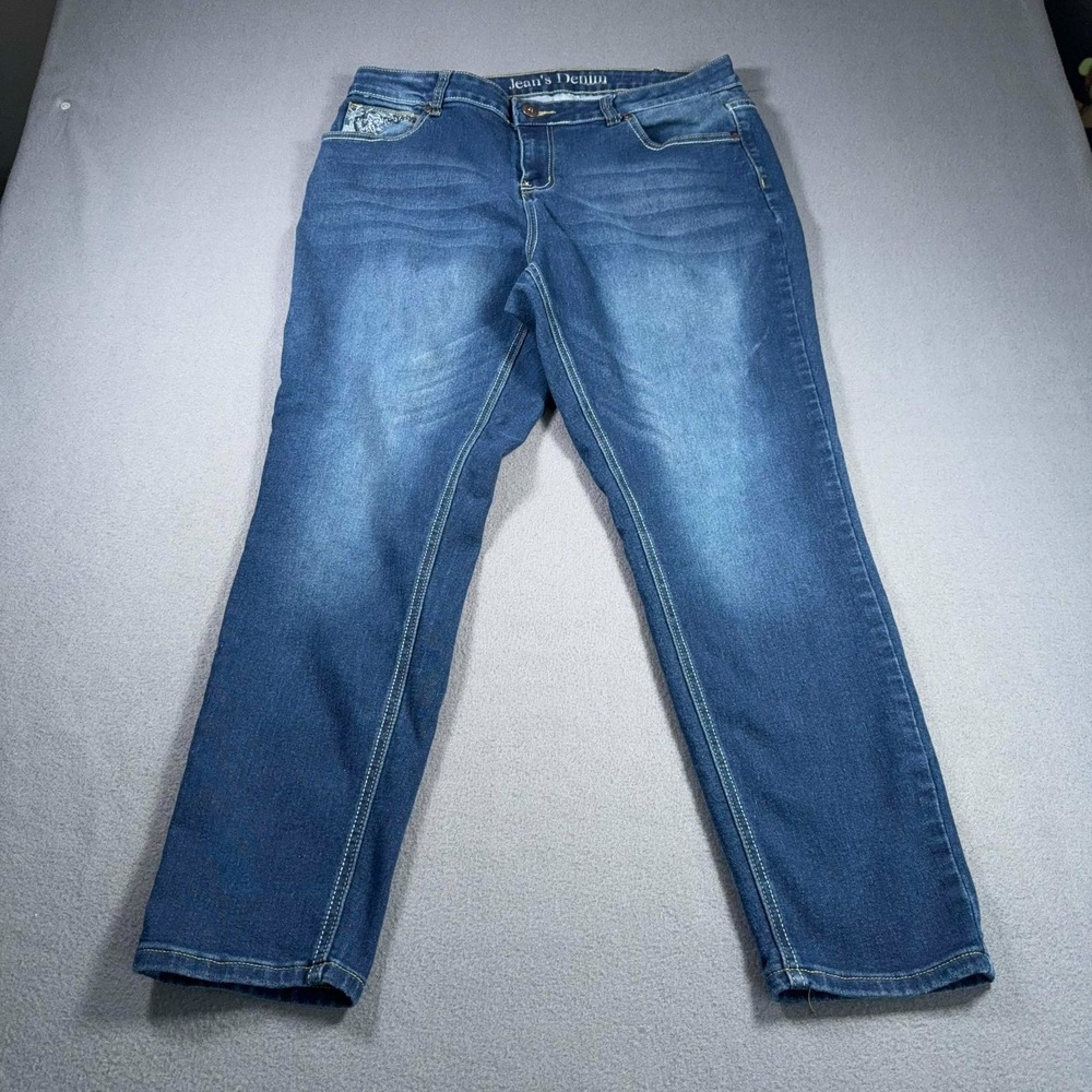 Jean's Denim Womens 18W Straight Jeans Blue Stretch Embroidered Pockets 34x29